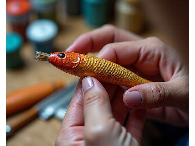 Close-up of a skilled artisan's hands meticulously hand-carving and painting a fishing lure, demonstrating intricate detail and artistic precision.