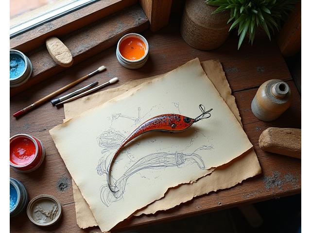 A handcrafted, partially finished fishing lure on a workbench alongside design sketches, brushes, and paints, illustrating the custom design process.