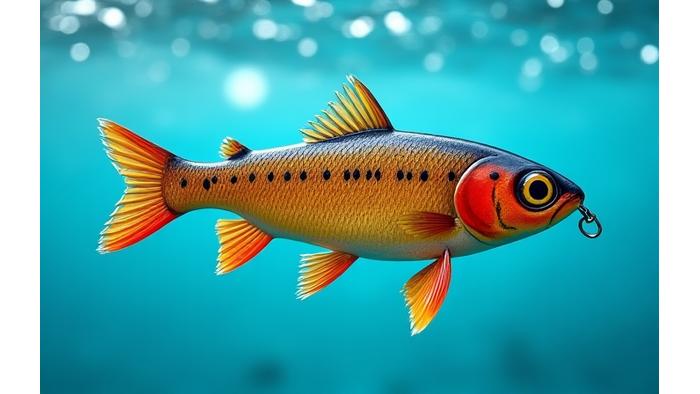 An exceptionally detailed, handcrafted wooden fishing lure, painted with vibrant, natural colours, appearing to swim in clear, rippling water. The lure showcases intricate patterns and a lifelike profile, reflecting the quality and artistry of Reel Riff Gear's creations.