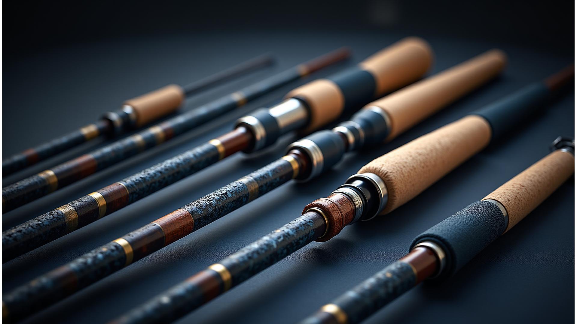 Dramatic gallery of custom fishing rods with artistic lighting
