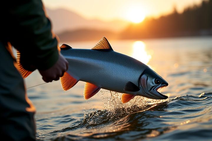 Custom salmon fishing rod in action with a large salmon being reeled in
