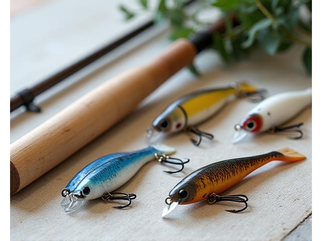 Display of sustainable fishing gear, including bamboo rod, biodegradable line, and recycled lures