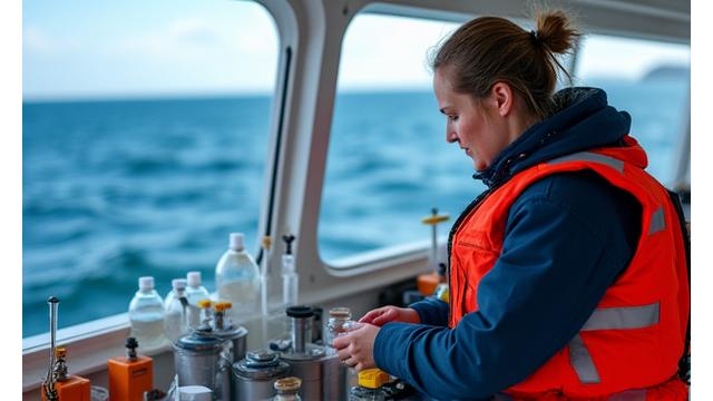 Marine biologist collecting samples for research onboard a small boat