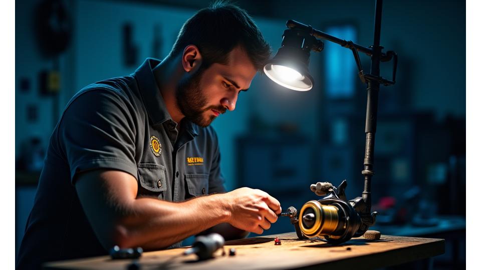 A skilled technician urgently working on a fishing reel at night under a strong spotlight, conveying rapid and critical repair service.