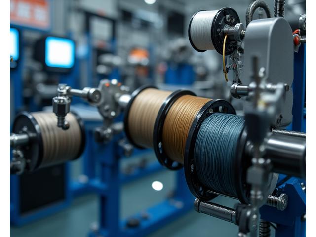 A specialized machine precisely winding fishing line onto multiple reels, ensuring perfect tension and fill.