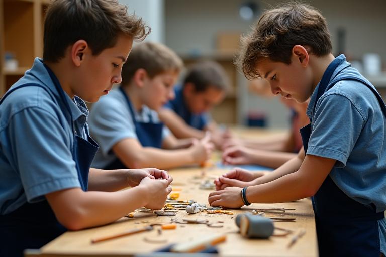A small group of workshop participants engrossed in assembling fishing rod components, guided by an instructor's supportive hand.