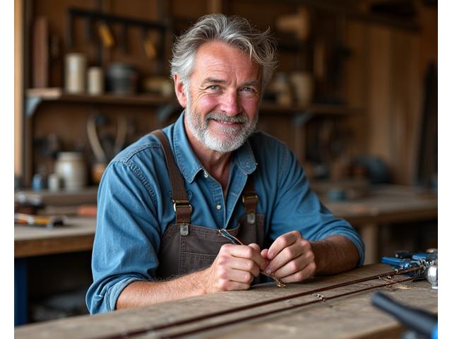 Andrew 'Riff' Thompson, founder of Reel Riff Gear, working on a custom fishing rod in his Halifax workshop.