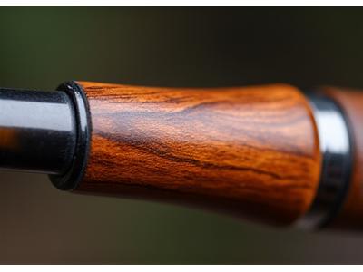 Fishing rod handle with a beautifully crafted wooden grip, stained and polished like a guitar neck