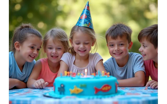 A joyous scene of children celebrating a birthday outdoors, perhaps with fishing-themed decorations or activities in the background.
