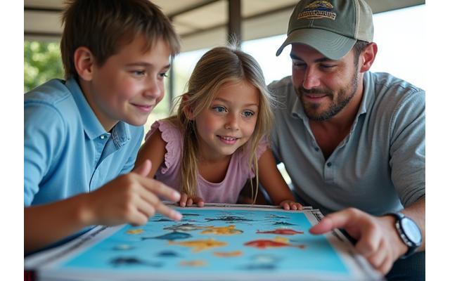 A diverse group of family members, including parents and children, gathered around a fishing expert learning about local fish species from a marine chart.