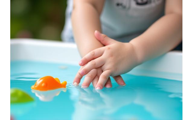 A young toddler engaging in sensory play, gently touching a toy fish in a small pool, representing introductory fishing concepts.