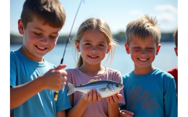A cheerful group of children excitedly weighing their catch at a friendly fishing tournament, with awards visible in the background.