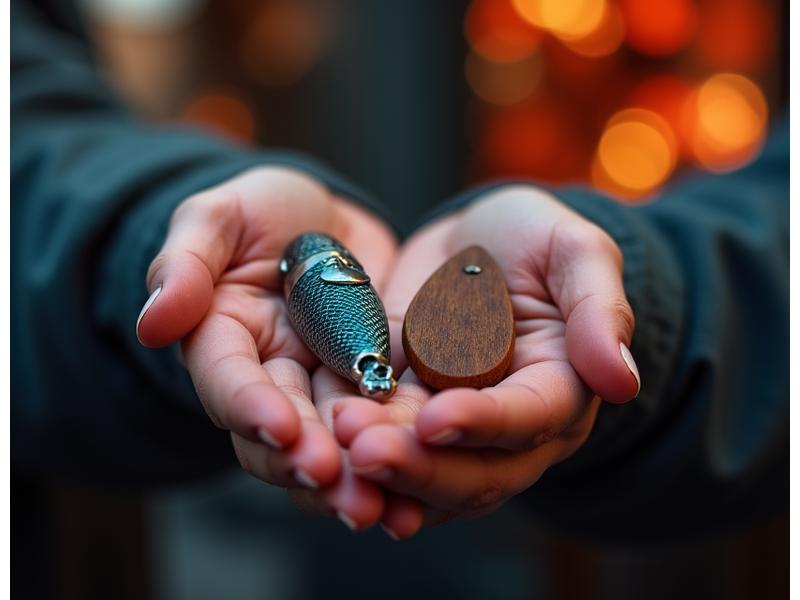 Two hands, one holding a custom-designed fishing lure shaped like a microphone, the other a guitar pick, with a blurred backdrop of Halifax's vibrant music scene.