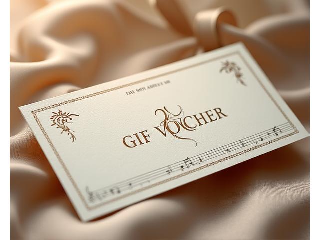 An elegant gift certificate designed with musical staff lines and a subtle fishing hook motif, placed on a wooden surface.
