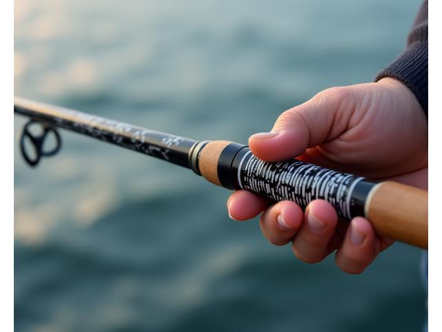A fishing rod handle featuring a sleek design reminiscent of piano keys, with subtle musical notation accents.