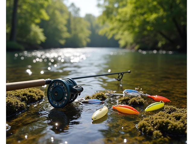 A collection of finesse freshwater fishing tackle, including lightweight rods, small lures, and a tackle box, set alongside a clear Nova Scotia river.