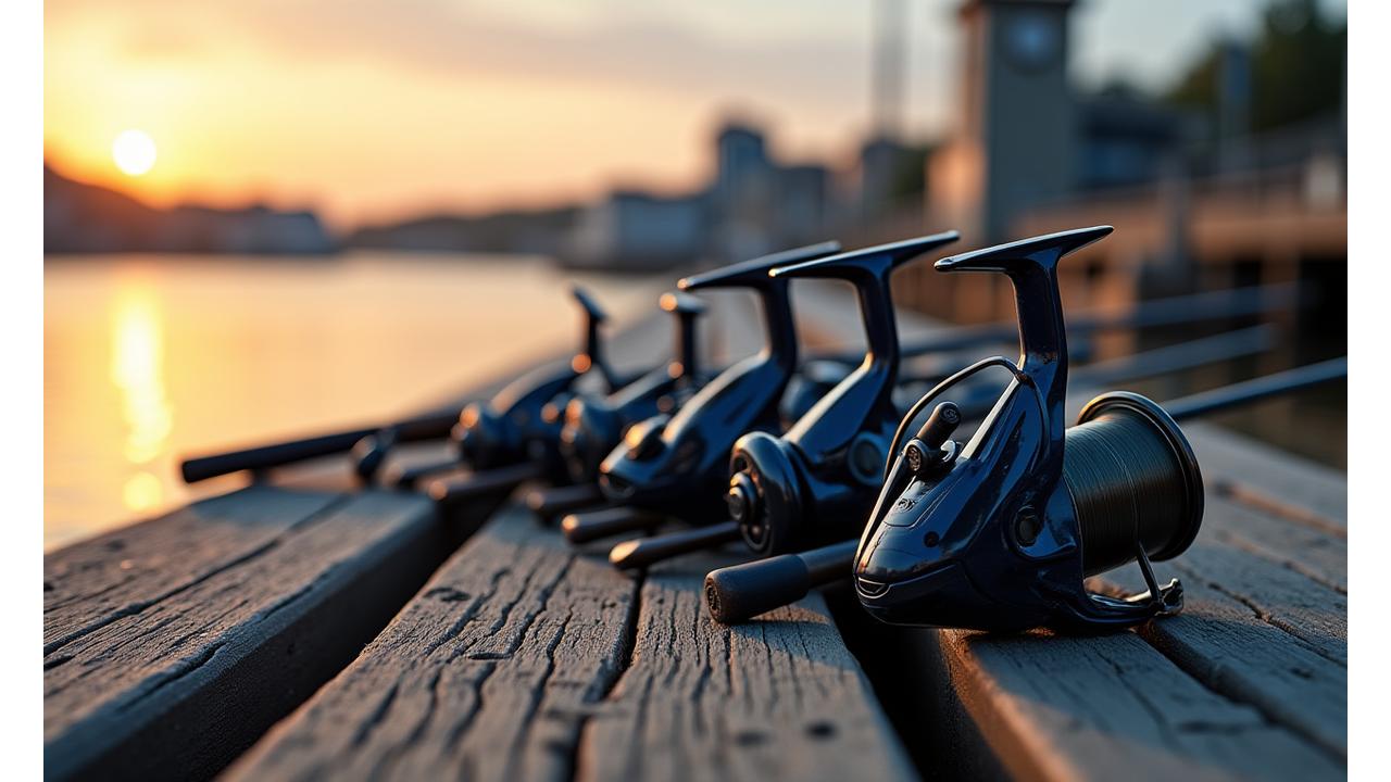 A collection of high-performance fishing rods, reels, and tackle laid out on a weathered wooden dock, with the calm waters of the Halifax harbour in the background during golden hour.