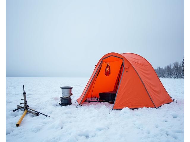 An ice fishing shelter set up on a frozen Nova Scotia lake, with specialized ice augers and short rods visible, indicating winter angling activity.