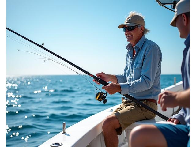 A professional fishing guide expertly demonstrating a technique with premium gear to a client on a boat, emphasizing hands-on instruction.