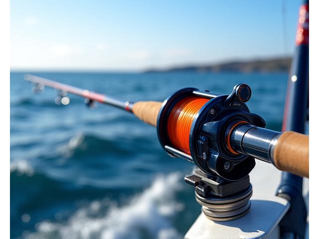A close-up of heavy-duty saltwater fishing gear, including a robust reel and a strong rod, positioned on the deck of a fishing boat with the ocean in the background.