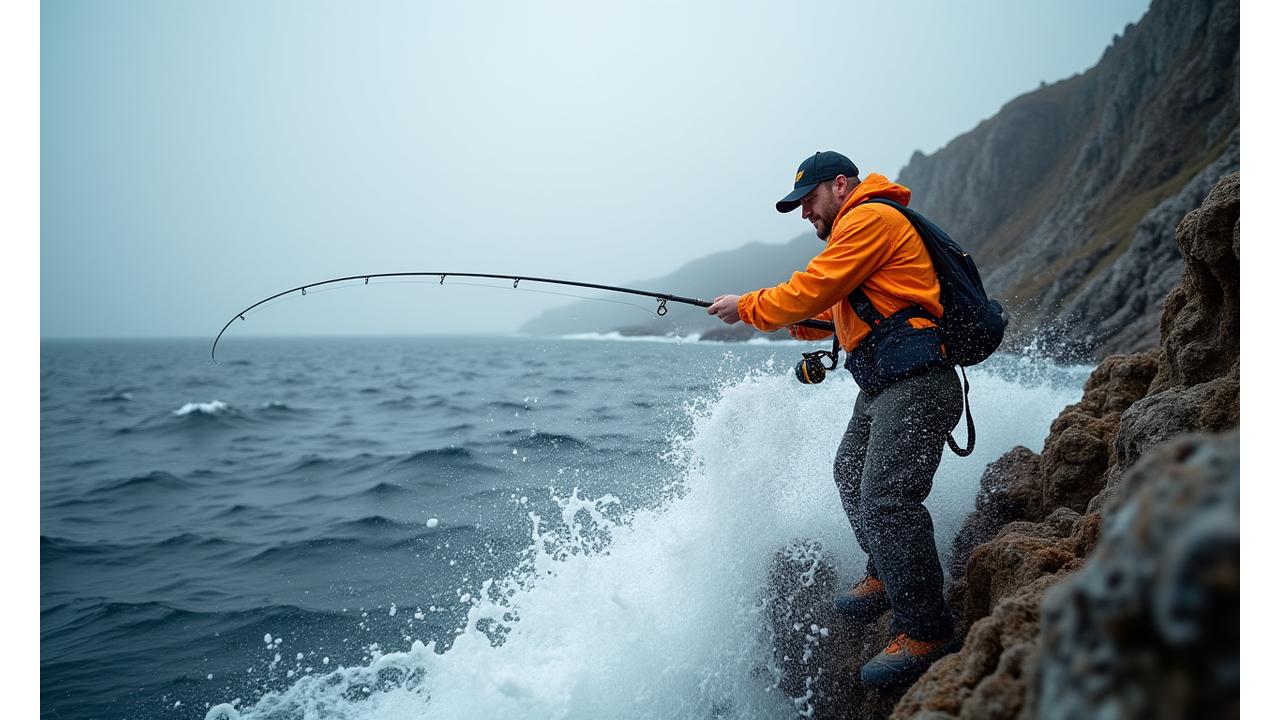 A professional angler is meticulously testing a fishing rod and reel setup against a backdrop of rugged Nova Scotia coastline, water visibly splashing from a successful cast.