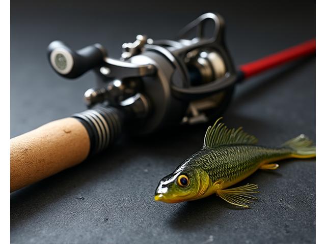Custom fishing rod and reel setup specifically for bass fishing, with a green bass lure.