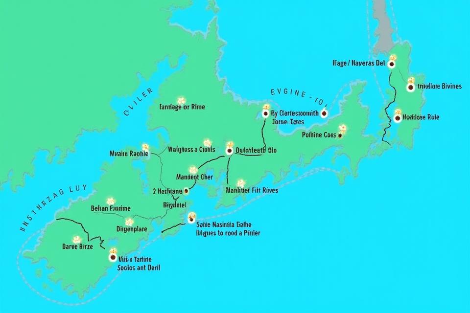 Stylized interactive map of Nova Scotia highlighting fishing zones and rivers, with small fish icons.