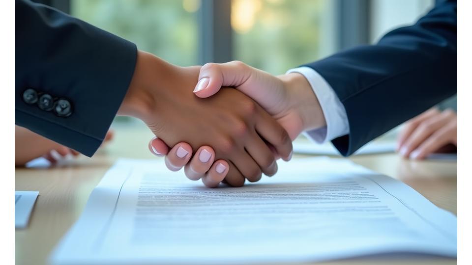 Two hands shaking firmly over a stylized blueprint or agreement document, representing fair resolution and understanding.
