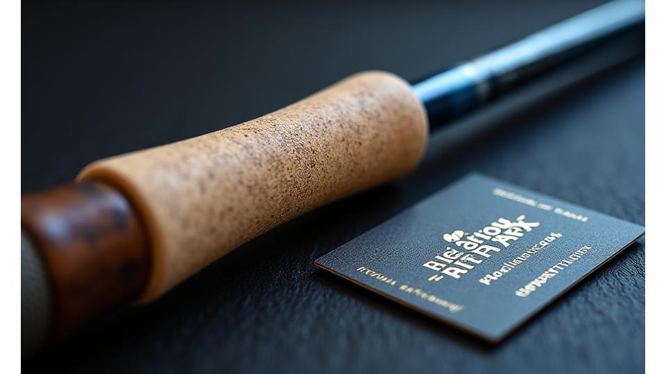 Close-up of a meticulously crafted fishing rod handle with a warranty card partially visible, representing quality assurance.